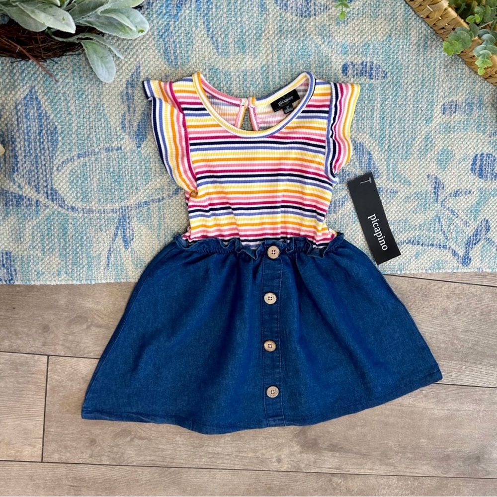 New Picapino Boutique Toddler Girl’s Striped Paperbag Waist Denim Skirted Dress